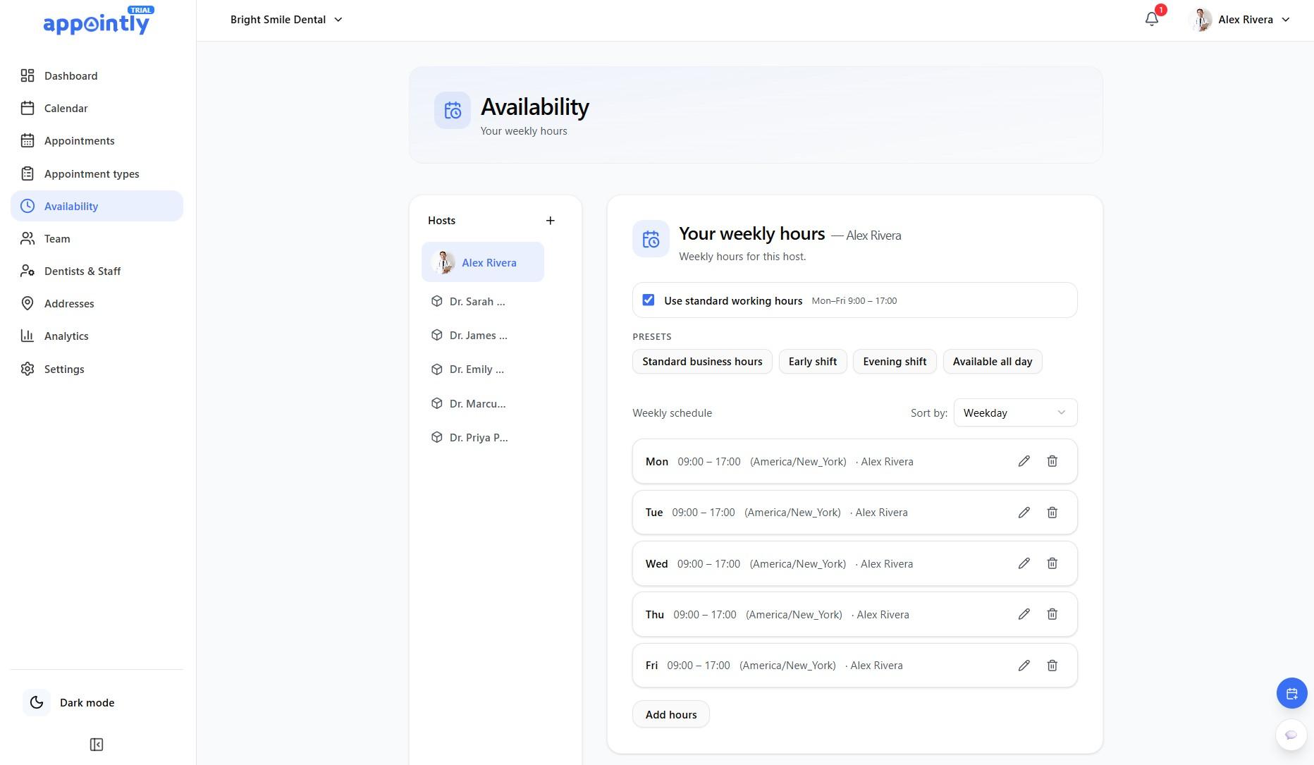 Appointly weekly availability grid and time-off management