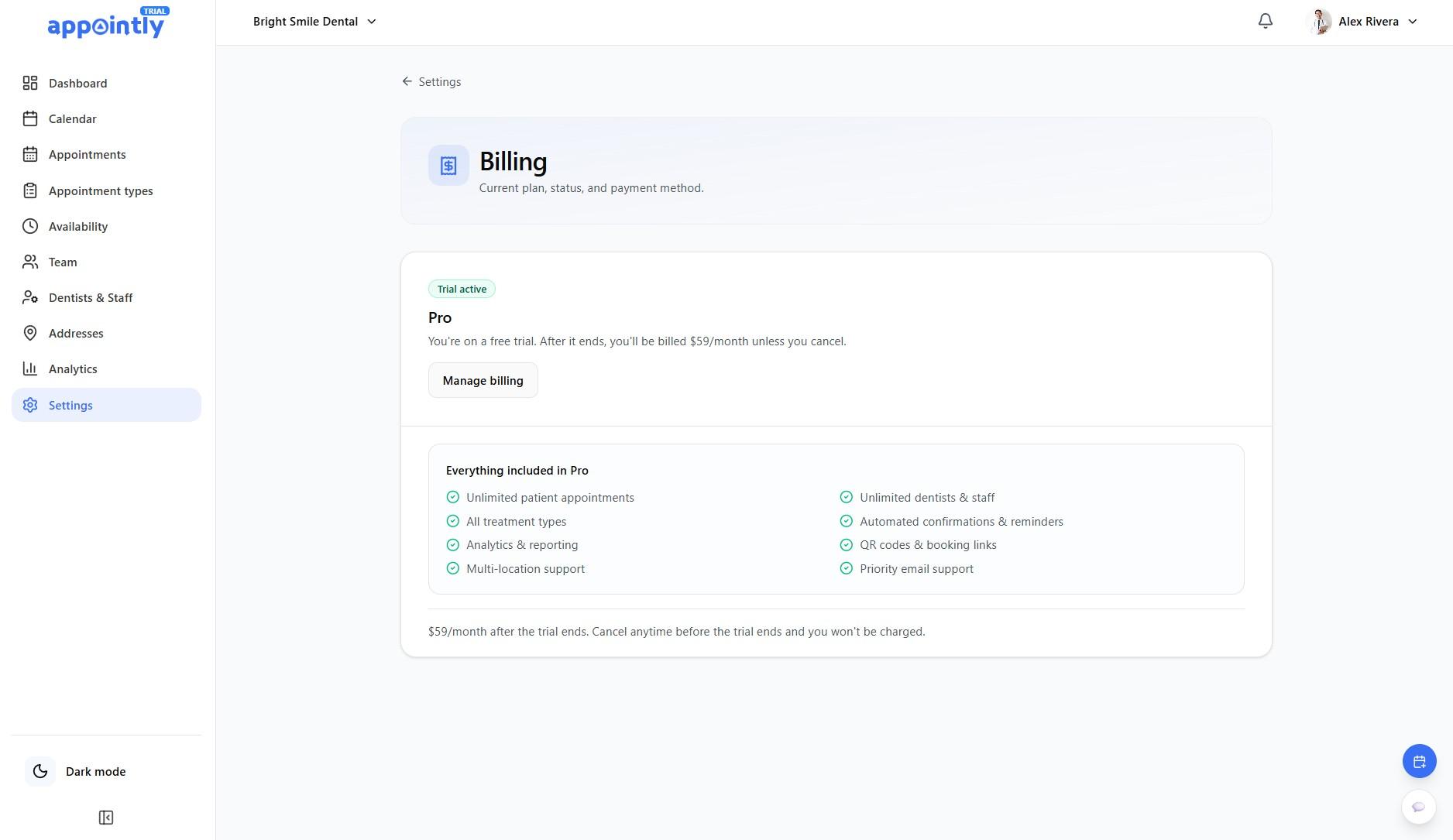 Appointly workspace plan, team access, and billing