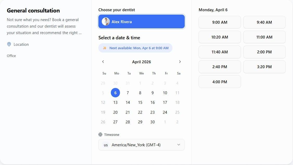 Appointly public booking page where patients choose a time