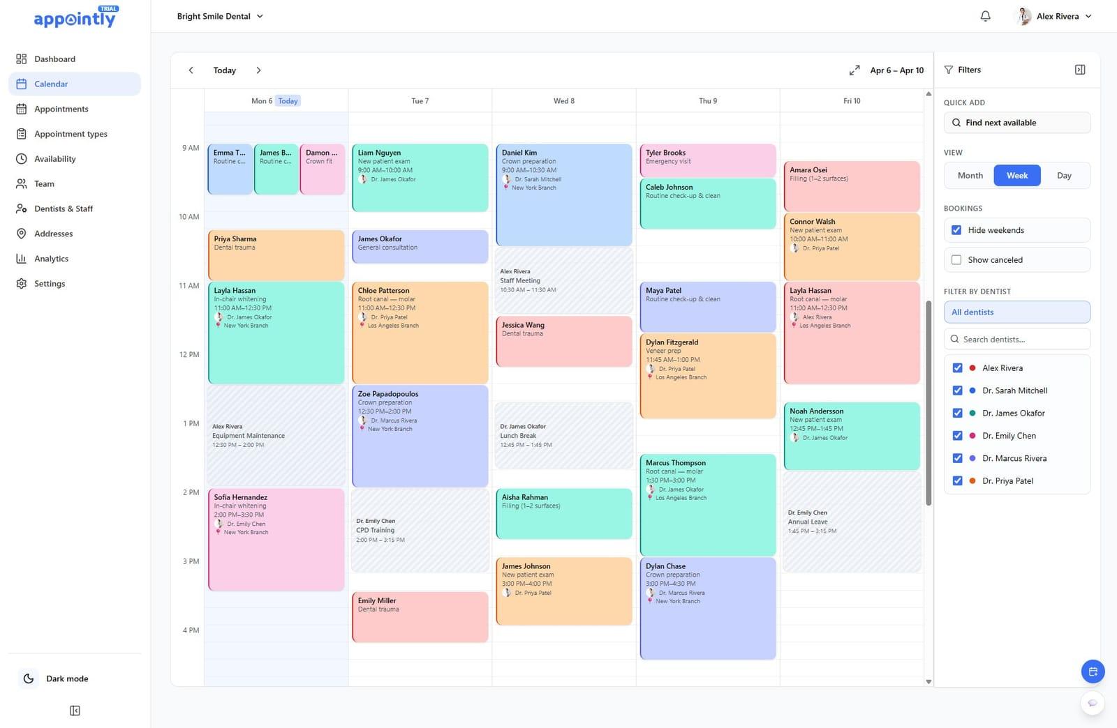 Appointly calendar week view showing multiple dentist schedules